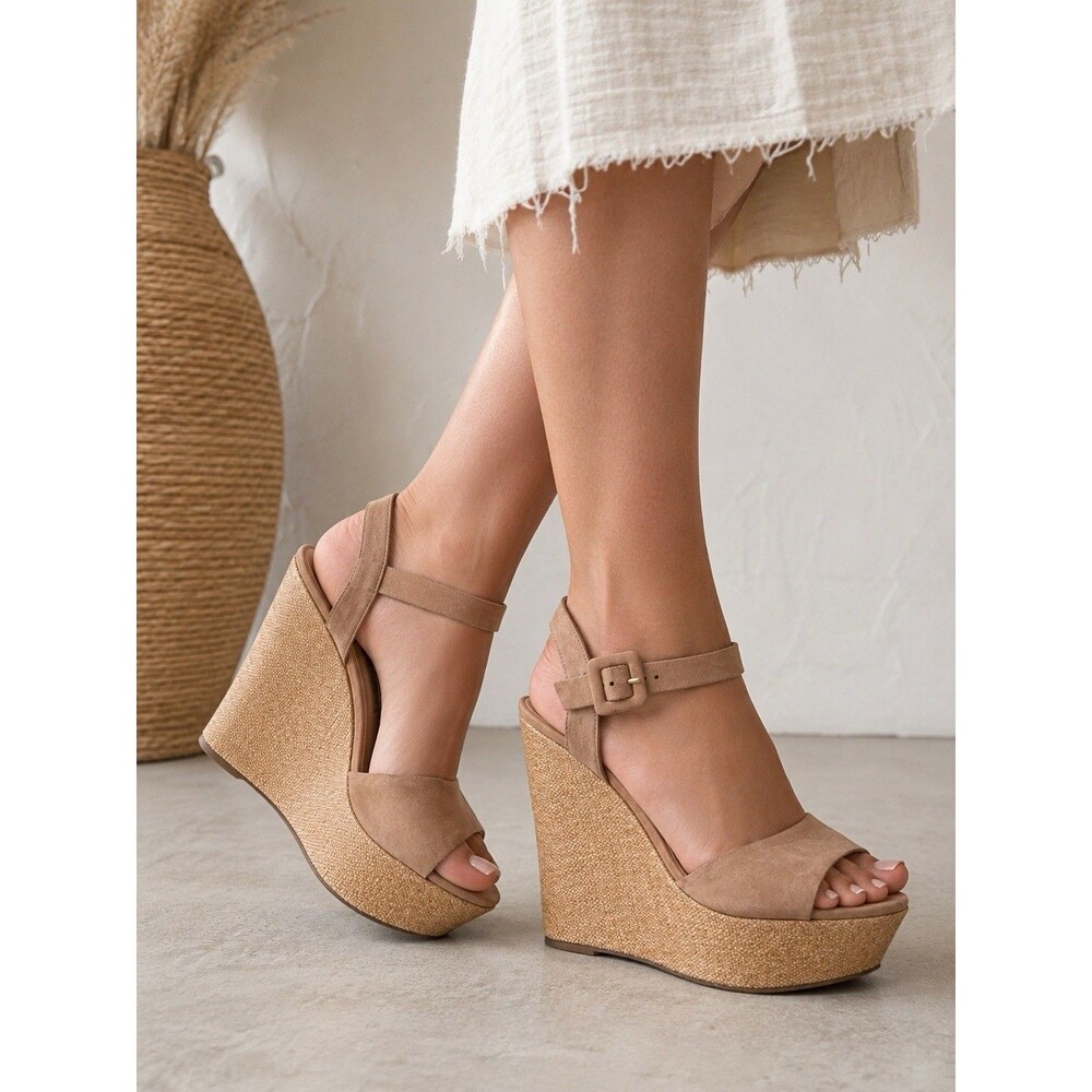 Steve Madden Nude Suede Platform Wedge Sandals Ankle Strap Size 9M